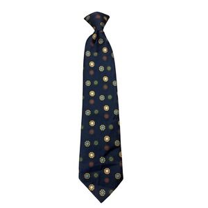 Vintage JCPenney Snapper Clip On Tie Navy Blue Geometric Medallion Pattern Mens